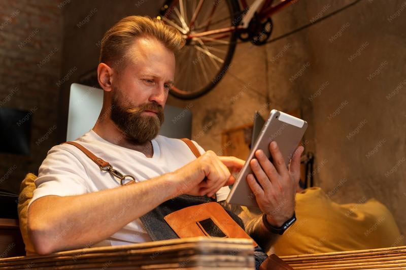 A bike shop owner going through the day at the counter