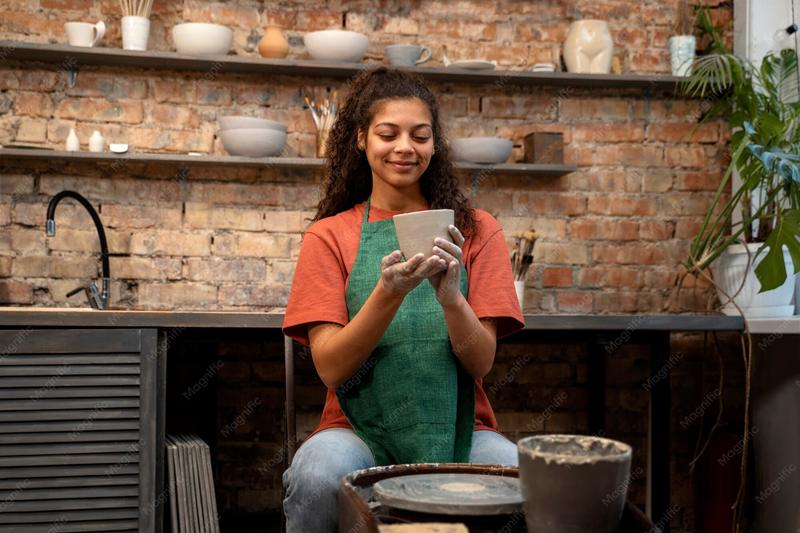 A potter holding a finished piece in her studio