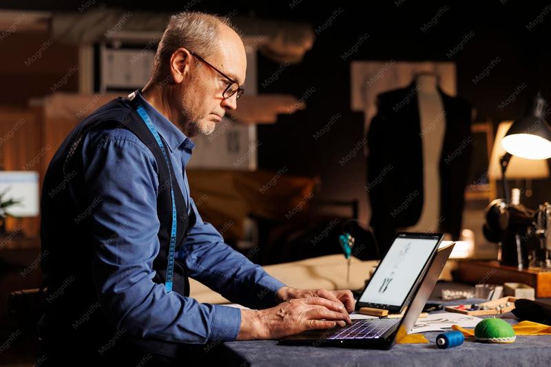 A tailor typing measurements into a laptop