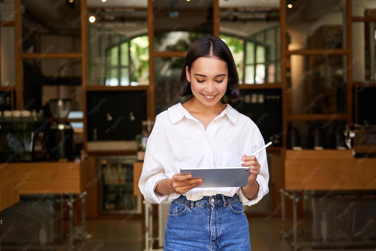 A cafe manager with a tablet at the door of her shop